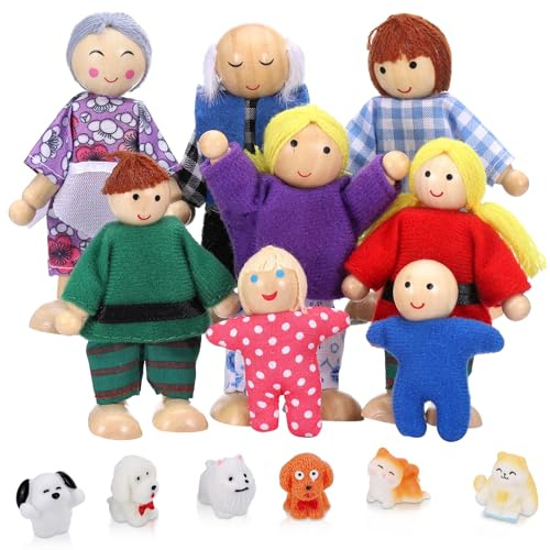 Zocipro 14 Stück Puppenhaus Figuren Familie – Puppen für puppenhaus & Tiere, Holz Biegepuppen Puppenhaus-Set, Puppenstube Figuren für Rollenspiele & Spielhaus für Puppen Zubehör