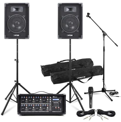 Power Dynamics & Vonyx PA Anlage für Bands Komplett Set – 8 Zoll Lautsprecher mit Stativen – 8 Kanal Mixer mit Verstärker, Mikrofon & Tasche – 800 Watt Beschallungsanlage mit Bluetooth, USB & SD