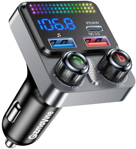 GizmoVine Bluetooth 5.4 FM-Transmitter Auto, 48W Autoladeadapter [3 Ports: PD 30W + QC3.0 18W], Deep Bass, Freisprechanrufe, Sprachassistent, kabellose Musik, USB-Stick, 12V/24V Fahrzeuge