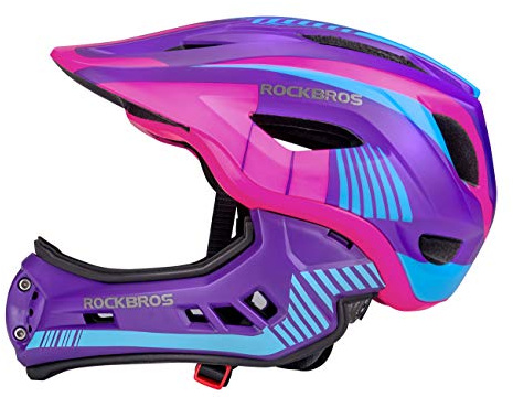 ROCKBROS Kinderhelm Integriert Fahrradhelm Kinder Jugend Fullface Helm mit Abnehmbarem Kinnschutz BMX MTB Downhill Helm, Violett M 54-58cm