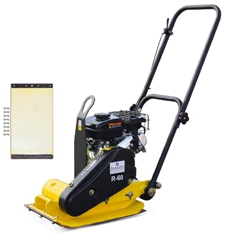 BAMATO Rüttelplatte R-60 Vibrationsplatte Bodenverdichter 8,2kN Rüttler | 8,2 kN Verdichtungsdruck | Inkl. Gummimatte & Zubehör | Integriertes Fahrwerk | Kompakte Platte 430x310mm für Garten