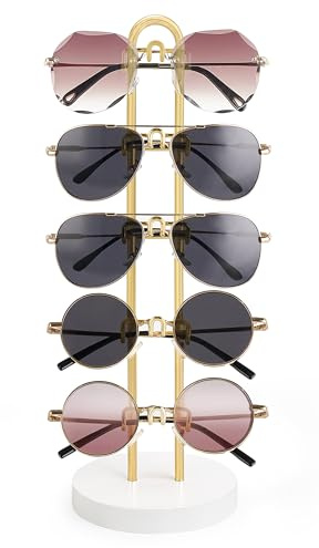 Mkono Sonnenbrillen-Organizer, Brillenhalter, Ständer, Sonnenbrillen-Aufbewahrung, Brillenregal, Metallrahmen mit Holzsockel, für 5 Paar Brillen-Display für Tisch, Schreibtisch, Dresser, Gold