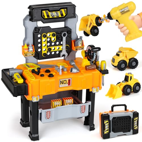 Lehoo Castle Kinder Werkzeugkoffer & Werkbank Montessori Spielzeug 2 Jahre | mit Elektrischer Bohrmaschine, 2 Bauspielzeug-Autos, Junge Geschenke für Kinder 2-4 Jahre Kinder Werkzeug