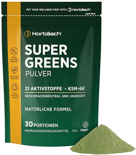 Super Greens Pulver 150g | mit 21 Nährstoffe & Ashwagandha KSM-66 | 30 Portionen | Supergreens Powder | Geschmacksneutral | Horbaach