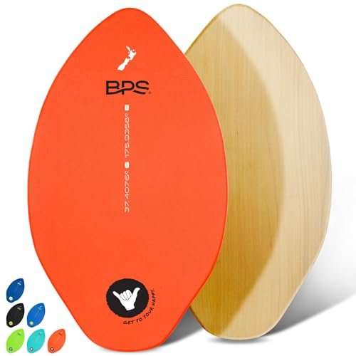 BPS Skimboards "Shaka" mit farbigem EVA-Griffpolster und hochglänzendem Klarlack,Holz-Skimboard mit Griffpolster für Kinder und Erwachsene, Orange mit weißem Akzent, 35 Inch