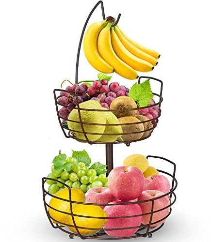 Bomclap Obstschalen Obstkorb 2 Tier Obstschale mit Bananenhalter,Brotkorb Gemüsegestell,Bronze
