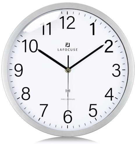 Lafocuse 30cm Wanduhr Funk Ohne Tickgeräusche Lautlos, Funkuhr Küchenuhr Silber für Wohnzimmer Schlafzimmer Büro Küche