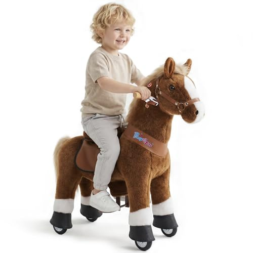 PonyCycle® Modell U Pferd auf Rollen | Schokobraun | 3-4 Jahre | mit Bremse | Reitpferd auf Rollen für Kinder, beweglicher Sattel, Handbremse & Sound, leise Räder, Indoor & Outdoor, Größe 3