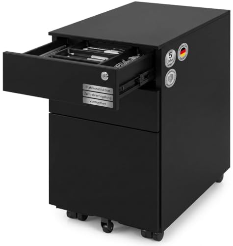Ergotopia Rollcontainer schwarz - abschließbarer Bürocontainer für Schreibtisch 60x39x52 cm (HxBxT) - Büro Container mit 3 Schubladen - Schreibtischcontainer abschließbar