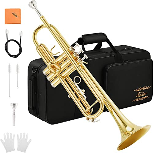 Eastar Bb Standard-Trompeten-Set für Anfänger, Messing-Trompeteninstrument für Studenten mit Hartschalenkoffer, Reinigungsset, 7C-Mundstück und Handschuhen, ETR-380, Golden