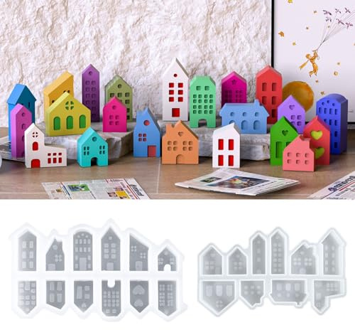 EPODA 22 Stück 3D Gießformen Silikon Häuser Silikonform Haus Kerzenhalter Weihnachten Gips Gießen Giessformen DIY