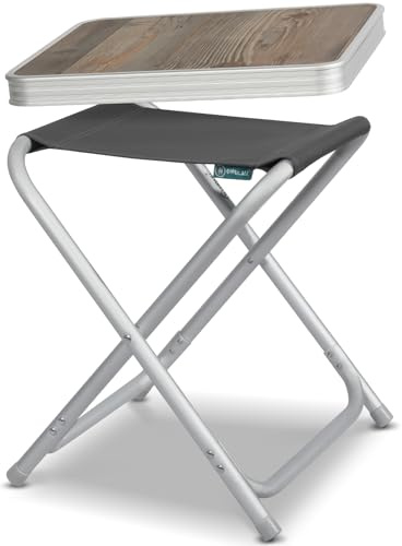 Homecall 2 IN 1 Campinghocker Faltbar mit Tischplatte MDF - Campingtisch Klappbar Klapptisch Gartenhocker - Fußhocker Outdoor für Garten, Camping, Angeln, Picknick, RV (Grau Hocker mit MDF-Platten)
