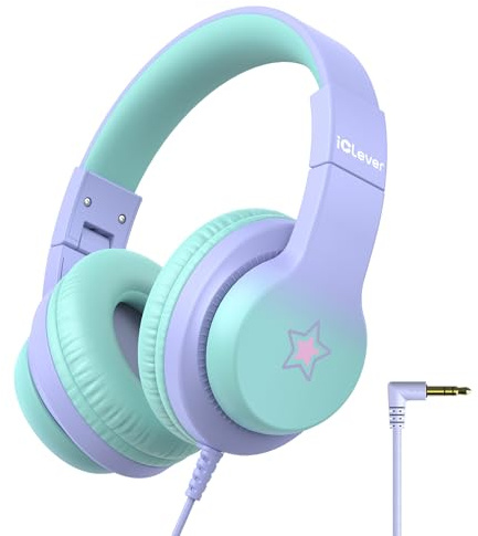 iClever HS19S Kopfhörer Kinder mit 3,5 mm Kabel für Schule/Tablet/Reisen | SafeSound Tech, Stereo-Sound, Hi-Fi Klang, Faltbare, Komfortabel Over Ear Kinder Kopfhörer, Robuste kopfhörer mit kabel