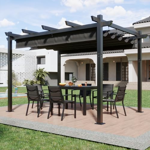 Devoko Aluminium Pergola mit Schiebedach, Verstellbarer Schattenfläche, UV-Schutz 50+, Pavillon 3x4 wasserdicht stabil Winterfest, Grillpavillon Metall für Gärten und Terrassen, Grau.