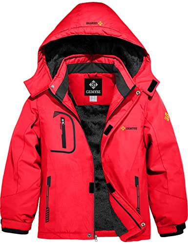 GEMYSE Jungen Skijacke Wasserdichte Winddichte Winterjacke Warm Gefütterte Kinder Schneejacke mit Kapuze für Outdoor(Rot,140-146)