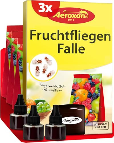 Aeroxon Fruchtfliegenfalle für Küche – 3 Stück hochwertige Fruchtfliegen Falle gegen Fruchtfliegen – Obstfliegenfalle küche & Fliegenfalle Innenbereich, bis zu 8 Wochen wirksam