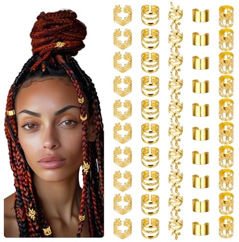 Molain 50 Stück Haarschmuck Gold für Zöpfe, Dreadlocks Schmuck Verstellbar Metall Haar Schmuck Haarringe Haarperlen zum Klipsen für Dreadlock-Zubehör Damen Herren