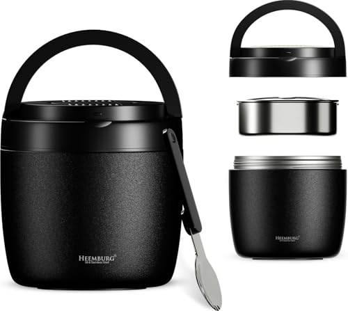 HEEMBURG Thermobehälter für Essen, Henkelmann 1L, Edelstahl, Doppelwand isoliert, Lunchbox Warmhaltetopf für Mahlzeiten, Suppe, Mittagessen, Babynahrung | Für Büro Arbeit unterwegs