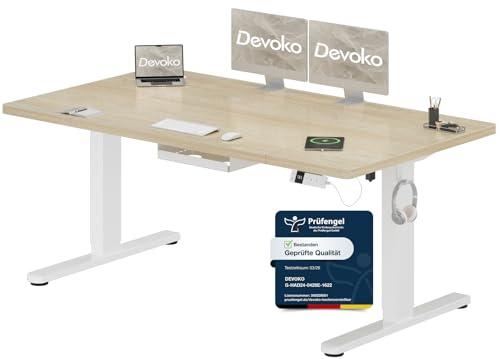 Devoko Höhenverstellbarer Schreibtisch 160x80cm mit Typ-C Ladeanschluss, Schreibtisch Höhenverstellbar Elektrisch, Mobiler Elektrisch Computertisch mit Kabel Management Tray, Eiche
