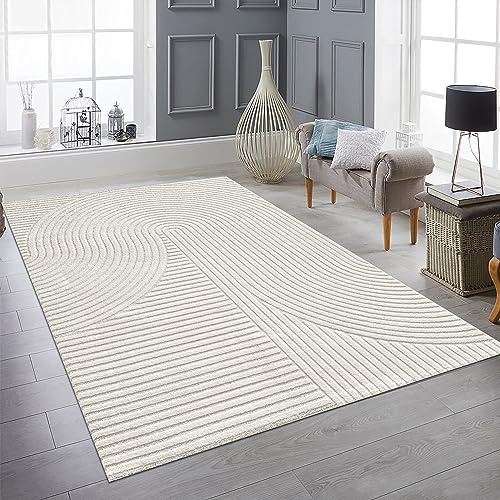 Teppich-Traum Teppich Hoch-Tief-Effekt Bogenmuster Creme 140x200 cm | Zeitlos, elegant, weich, pflegeleicht, fußbodenheizungsgeeignet, Wohnzimmer, Schlafzimmer, Flur
