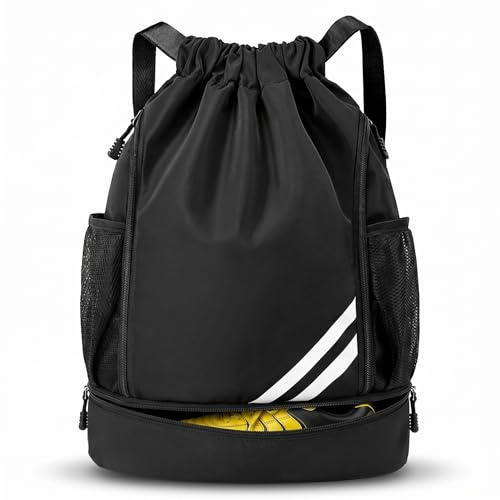 Adfuenom Kinder Sporttasche Turnbeutel Sportrucksack Sportbeutel Schwarz | Wasserdichter Schwimmrucksack mit Schuhfach für Jungen, Damen, Herren. Basketball, Fussballtasche, Netztaschen, Reflektoren.