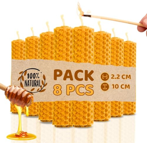 DECEVI Bienenwachskerzen Honigwabe – 8 Stück – 100% Natürliches spanisches Bienenwachs – Handgefertigt & Ohne Paraffin – Nachhaltige Kerzen für Zuhause (8 Stück, 10 cm x 2,2 cm)