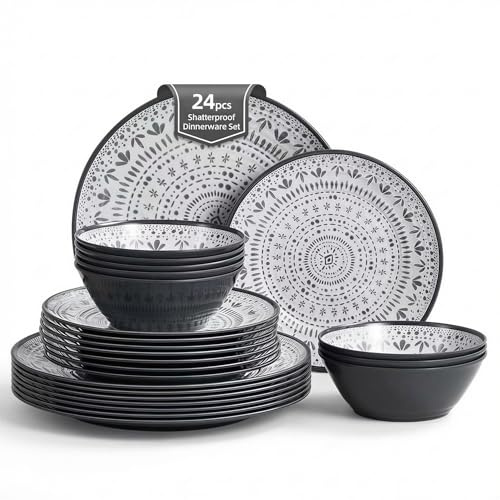 La Joventino 24 Stück Melamin Campinggeschirr Set für 8 Personen - Teller Set & Melamin Geschirr Set Combo, Perfekt für Wohnwagen, Gartenparty und Terrassenparty