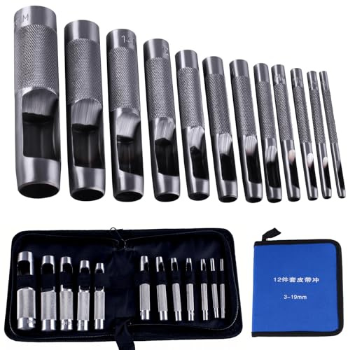TIOMIOSEA 12er Locheisen Set 3-19mm Lochstanzer Runde Leder Stanzwerkzeug Set für Leder, Textilien, Papier, Uhrenarmband, Dichtung Gürtel, Schuh, Stoff, Leinwand Kleidung, Öse (1/8 ''-3/4 '')