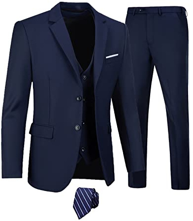 Furuyal Herren-Anzug-Set, 3-teilig, schmale Passform, Zwei Knöpfe, für Hochzeit, Business, Smoking, Jacke, Weste, Hose mit Krawatte