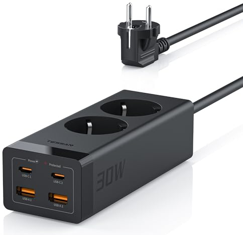 TESSAN 30W USB C Steckdosenleiste, GaN USB C Schnellladen Mehrfachstecker mit 2 Fach, Mehrfachsteckdose mit Verlängerungskabel 2M, Steckerleiste Überspannungsschutz 3600W für Büro