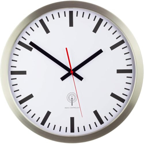 Eurotime Bahnhofsuhr Wanduhr Silber 40 cm - Funkwanduhr aus Edelstahl | automatische Zeitumstellung, klares Zifferblatt, rote Sekunde, für Küche, Büro