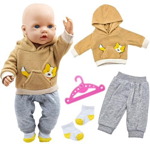 BBEUU 14-17 Zoll Puppenkleidung Set, Puppenzubehör Enthält Hoodie, Hose, Socken Und Kleiderbügel, Niedliche Braunes Hundemuster Puppen Kleidung, Für 35-43cm Mädchen Jungen Baby Puppen.(Ohne Puppen)