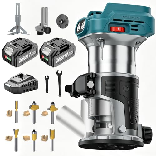 Yofuly Akku Oberfräse Kantenfräse für Maa-kita 18V Akku, 800W Einhandfräse Holzfräser mit 2 * 4.0Ah Batterie |6 Geschwindigkeit |28000RPM, Multifunktionsfräse mit 6 Stück 6,35mm Fräser Set für Holz