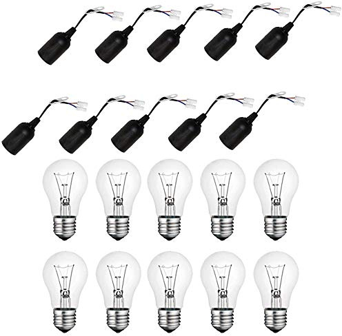 NCC-Licht 10 x schwarze Baufassung mit 10 x A60 Birne 60 Watt, warmweißes Licht, Lampenfassung E27 mit Steckklemme und Hängevorrichtung