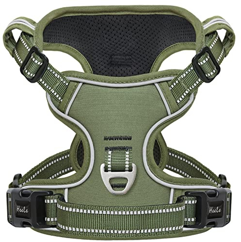 HEELE Hundegeschirr, Zugentlastung, reflektierend, mit gepolstertem Griff, Kontrolle, 2 Metallringe, Geschirr für kleine mittelgroße und große Hunde, Armee, Grün, M