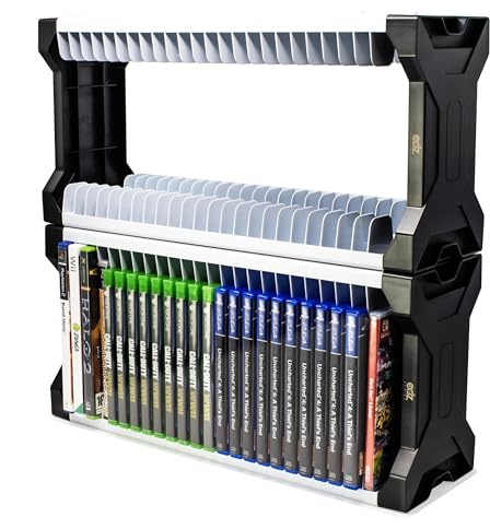 ADZ Universal Game Holder - 46 Game Storage Tower Rack for PS2 PS3 PS4 PS5 PSP Xbox 360 Xbox One Series X Wii Switch Games DVD and Blu-Ray Disks Includes 2 Controller Mounts (White)