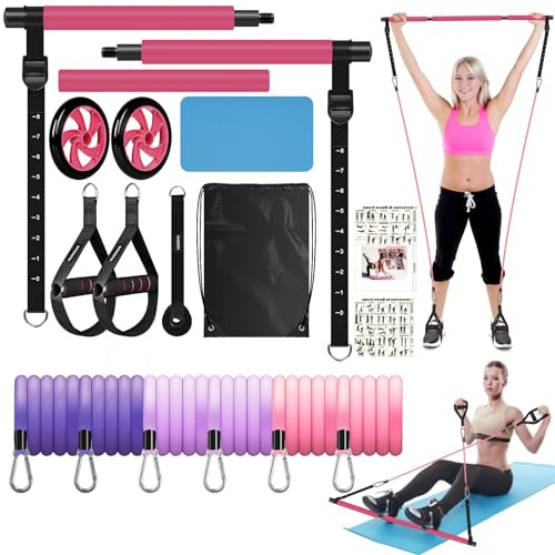 OLODEER Pilates-Stangen Set mit Widerstandsbändern & Bauchrolle | Reformer-Übungsstange für Ganzkörpertraining | Fitnessgerät für Zuhause (Frauen/Männer) - Inkl. Premium-Zubehör