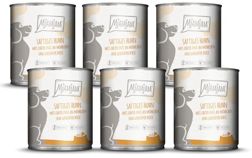 MjAMjAM - Premium Nassfutter für Hunde - saftiges Huhn mit zarter Ente an Möhrchen und gekochter Hirse, 6er Pack (6 x 800 g), naturbelassen mit extra viel Fleisch