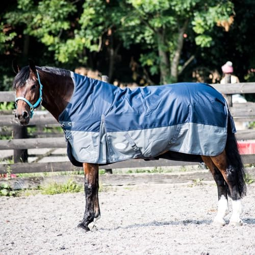 Regendecke Winterdecke Turnout 100% Wasserdicht 600D mit Fleece Highneck Multi Farbe Navy/Grau - 145cm