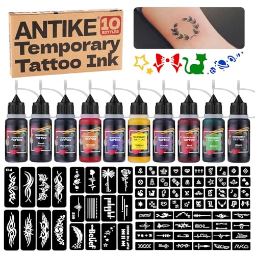 Temporäre Farbe Set,10 Flaschen Farbtinte 0.5oz mit Schablonen,für DIY Temporäre Tattoos ZYH2312333KIT