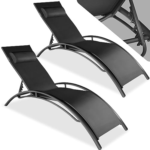 tectake 2er Set Gartenliege, Aluminium Sonnenliege, wetterfest, ideal für Garten, Balkon, Terrasse, praktischer Liegestuhl, inklusive Kopfpolster, 5-Fach verstellbare Rückenlehne - schwarz
