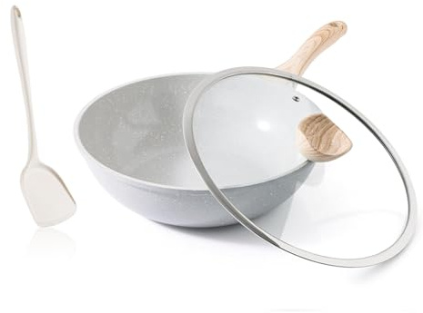 Kordisen Keramik-Wok 30 cm, Induktions-Wok mit Deckel, Antihaftbeschichtung, geeignet für alle Kochfelder, PFOA- und PFAS-frei (Grau)