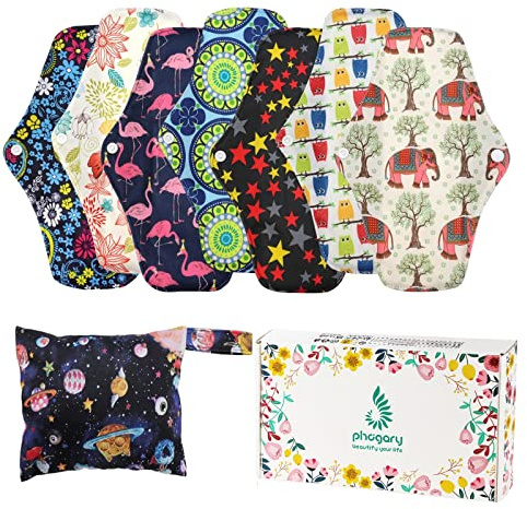 Wiederverwendbare Hygienetücher Pads (7 in 1, 25,4 cm), Antibakterielle Bambus-Slipeinlagen mit nassem Beutel, Schwerer Fluss-Nachtwaschbarer Stoff Menstruationssanitärhandtücher