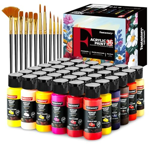 Fantastory Acrylfarben Set, 60mlx36 klassische Acrylic Paint,12 Pinseln;wasserfest,hohe Lichtechtheit,ungiftig;für Leinwand,Holz,Keramik,Modelle,Stoffe;Maler,Erwachsene