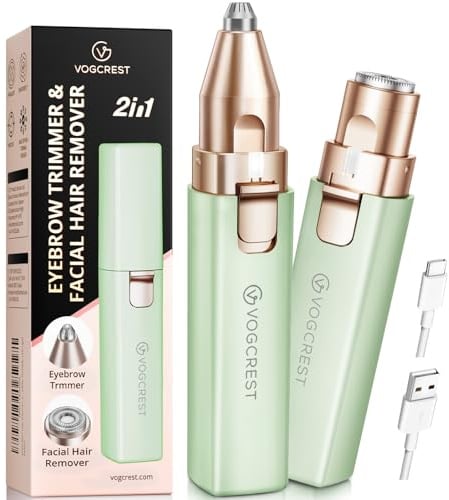 VOGCREST Haarschneider, 2-in-1 Gesichtshaarentferner und Augenbrauentrimmer für Frauen - wiederaufladbar, tragbar, mit LED-Licht