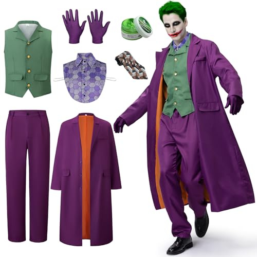 IEEILULU Joker Kostüm Herren, Horror Clown Kostüm Herren Halloween Killer Joker Outfit Set mit Lila Mantel, Grüne Weste, Hose, Krawatte, Falschem Hemdkragen und Handschuhen für Halloween (L)