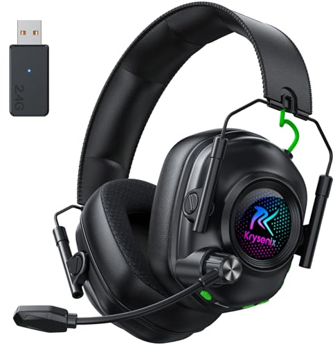 Krysenix Wireless Gaming Headset mit Mikrofon für PS5 PC Mac Switch | 2.4GHz + Bluetooth Modus, Noise Cancelling ,LED-Lichtern, faltbar,1000mAh Akku,Ideal für FPS, RPG - Tintenschwarz