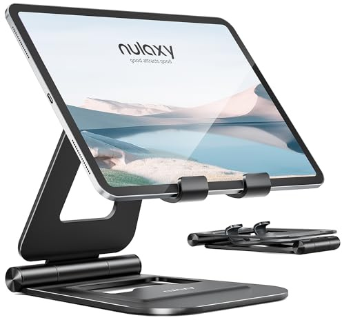 Nulaxy Aluminium Doppelter Faltbarer iPad Ständer, Voll Verstellbare Desktop-Tablet-Halter, Zubehör für Büro Kindle Kompatibel mit Mobilen Geräten iPad Pro/Air/Mini, iPhone Pro/Max/Plus, Schwarz