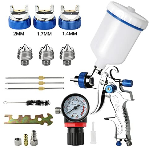 Awsuc HVLP Lackierpistole Spritzpistole 3 Düsen 1,4mm 1,7mm 2,0mm | Profi Farbsprühsystem Spraypistole mit 600 ml Plastikbecher Mit Luftdruckregler