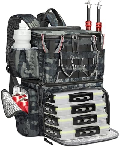 MATEIN Angelrucksack mit Boxen und Rutenhalter, Wasserdichter Angel Rucksack Herren mit Kompass und Isoliertes Kühlfach, Angelrucksack mit 4 Köderbox Angeln für Angeln Camping, Geschenke für Angler